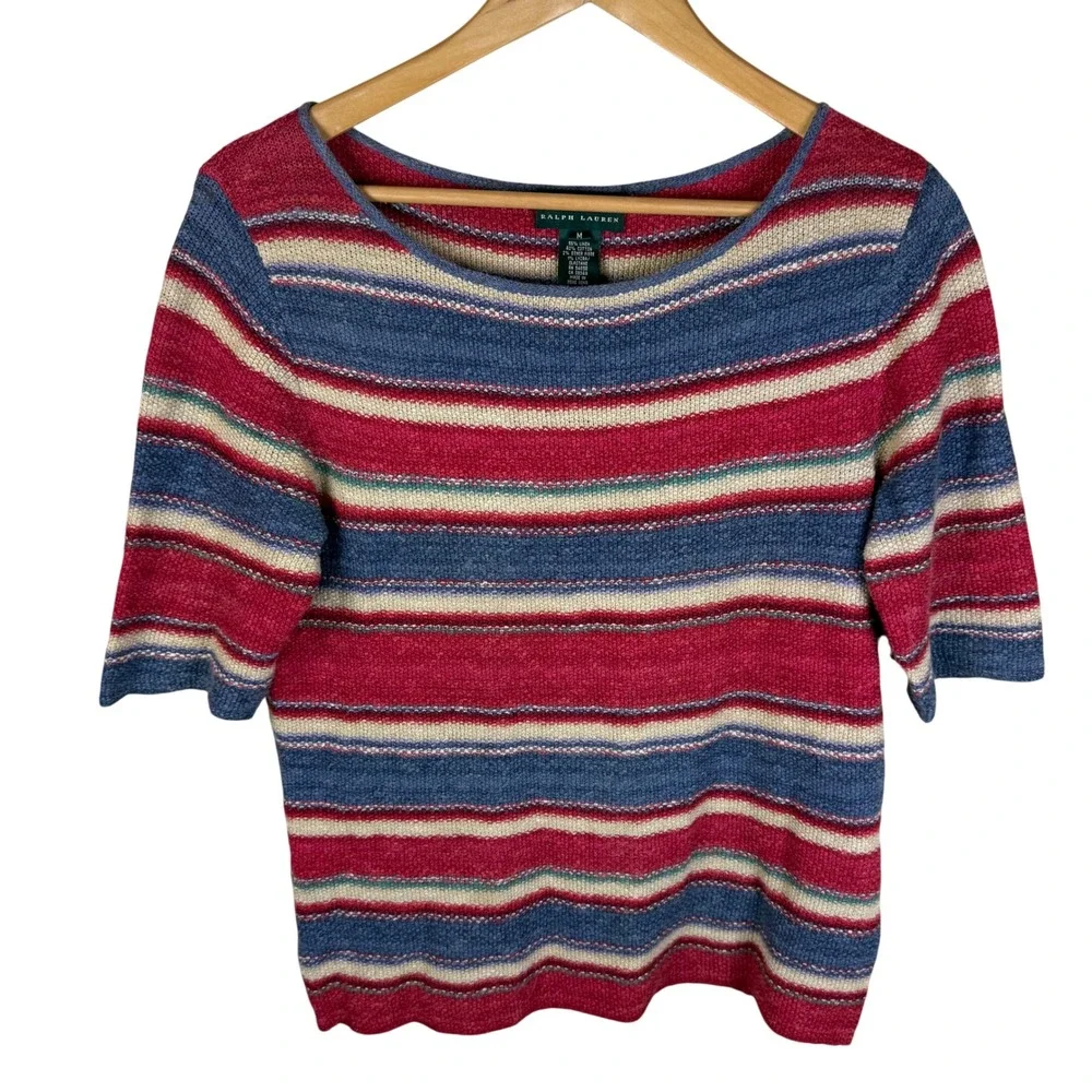 LAUREN Ralph Lauren Linen Striped Boat Neck 3/4 Sleeve Sweater Womens Medium - Picture 1 of 5